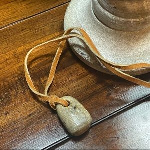 Vintage Petrified Wood Pendant Leather Strap Necklace